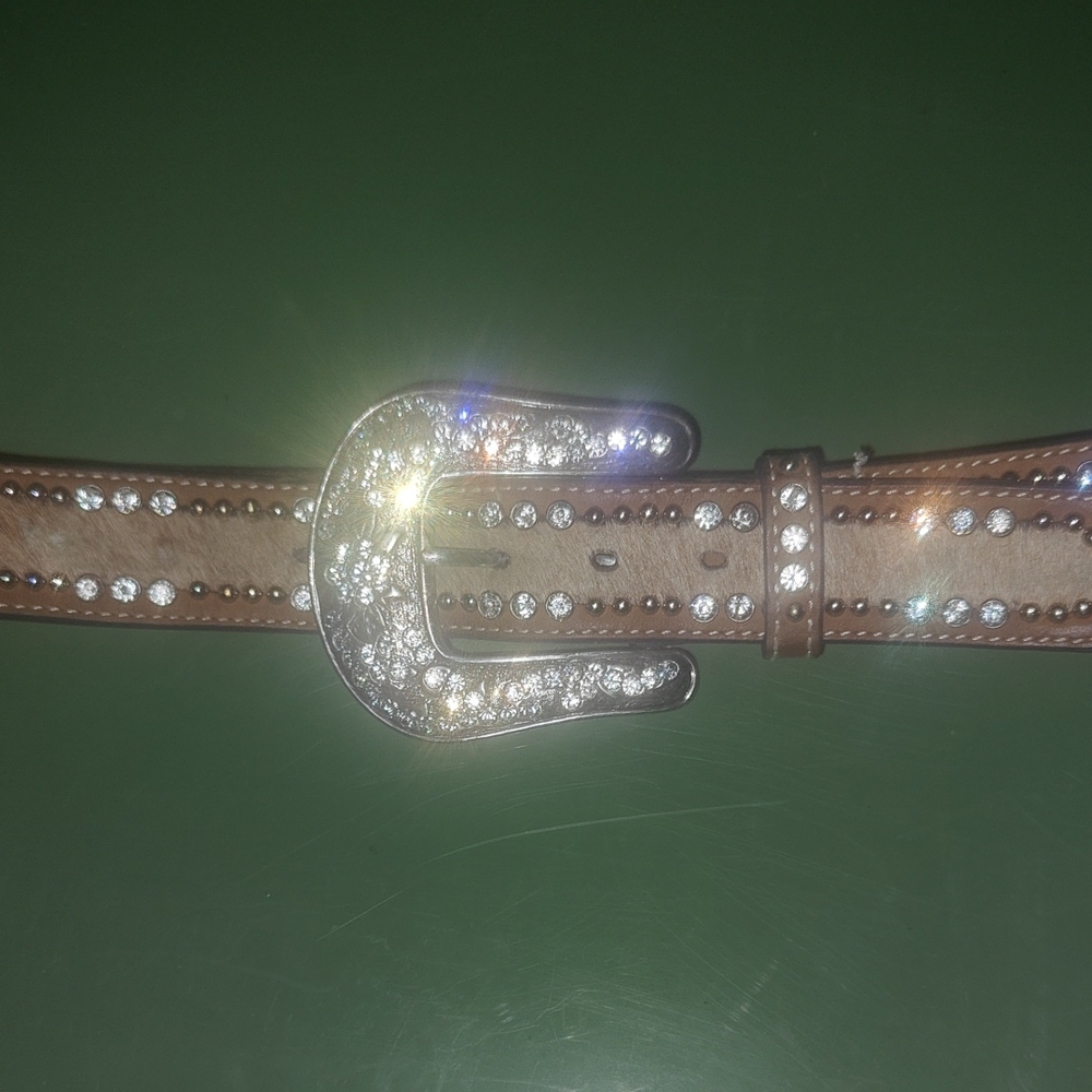 Brown Rhinestone cow hide Belt XL